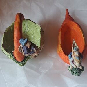 Cabbage Carrot Basket Dish Figurine Easter Bunny Rabbit Candy Set